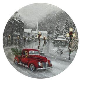 Vintage Christmas Tin With Red Truck & Dog Winter Scene Christmas Tree Snow